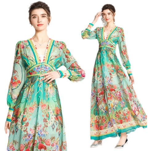 Spellbind Runway Fashion Floral Print Bohemian High Waist, V-Neck, Long Lantern Sleeve Maxi Dress